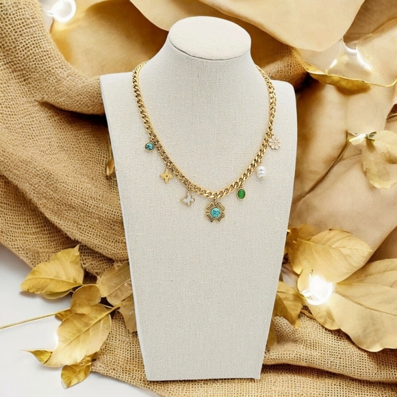 🆕Chunky 18K Gold Plated TrendybNecklace Colorful Charms Pearl Accents Y2K Style - Picture 4 of 13